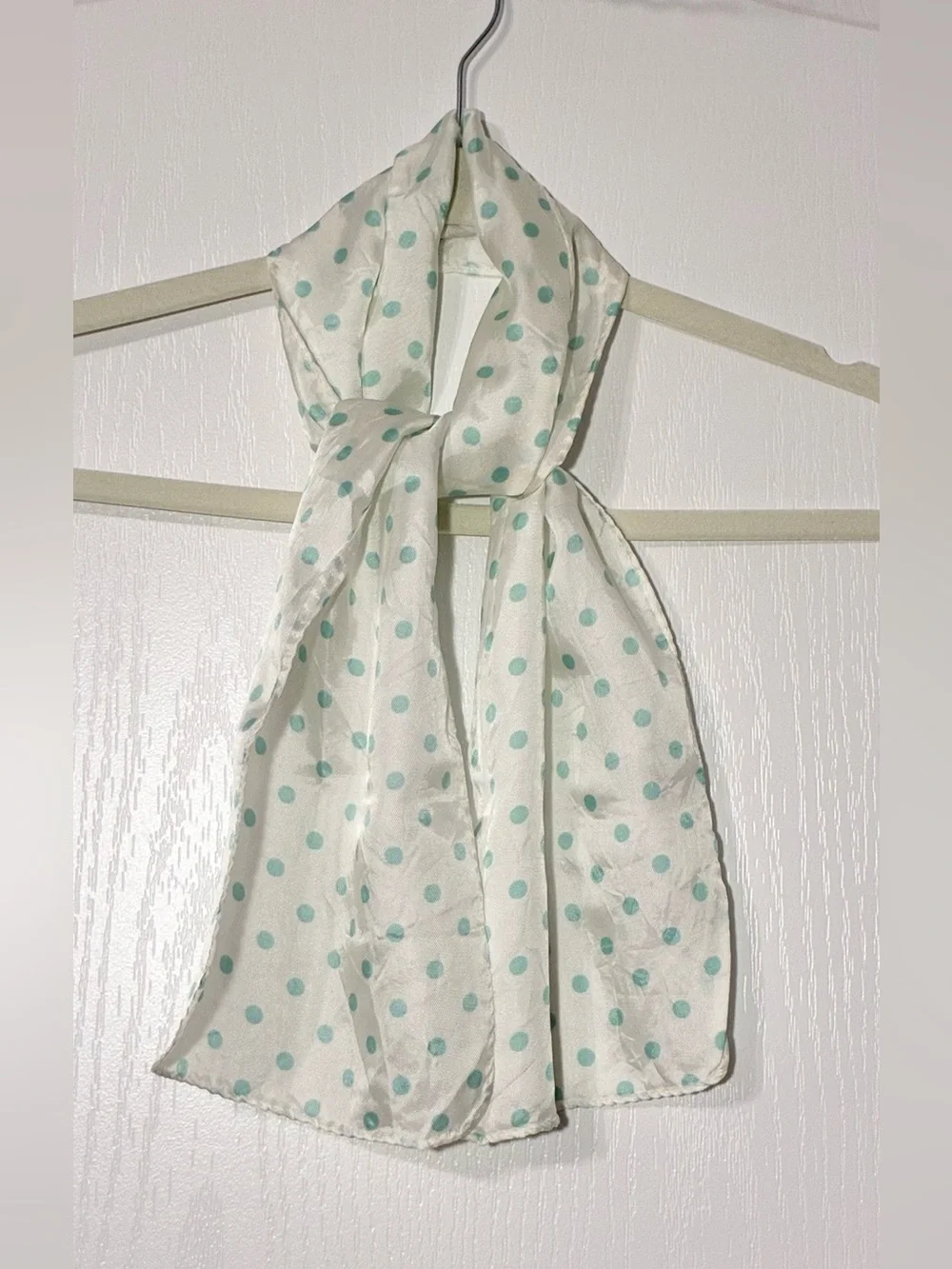 50s Polka Dot Satin Rectangular Scarf 42”L White & Aqua Vintage